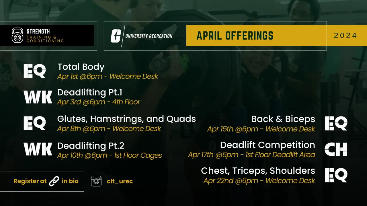 april special programs all classes are at 6 PM total body equipment orientation on april I meet at the welcome desk. deadlifting workshop part 1 on april meet on the 4th floor. glutes, hamstrings, and quads equipment orientation on april 8 meet at the welcome desk. deadlifting workshop part 2 on April 10 meet at the Ist floor cages. back and biceps equipment orientation on april 15 meet at the welcome desk. deadlift competition on apr 17 meet at the 1st floor deadlift area chest, triceps, and shoulders equi